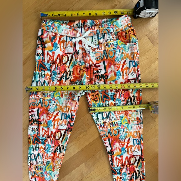 🧡LOVE Grafitti Abstract Drawstring Joggers / Pants | Orange/Teal | S/M - Picture 14 of 17